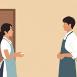 편의점 카운터에서 앞치마를 벗어 접으며 점주와 차분하게 이야기하는 아르바이트생
