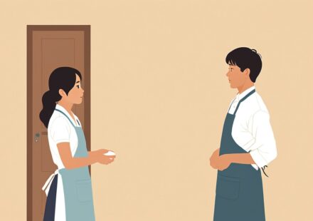 편의점 카운터에서 앞치마를 벗어 접으며 점주와 차분하게 이야기하는 아르바이트생