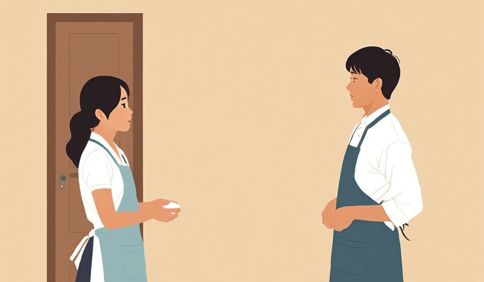 편의점 카운터에서 앞치마를 벗어 접으며 점주와 차분하게 이야기하는 아르바이트생